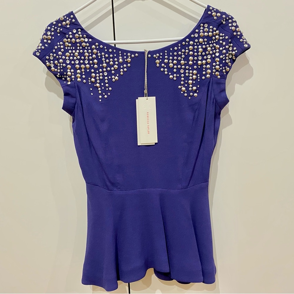 ✨2X HP✨ 🛍 NEW W/ TAGS - Rebecca Taylor Beaded Crepe Peplum Studded Blue Top
